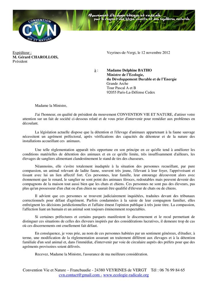 lettre de Gérard Charollois à Delphine Batho
